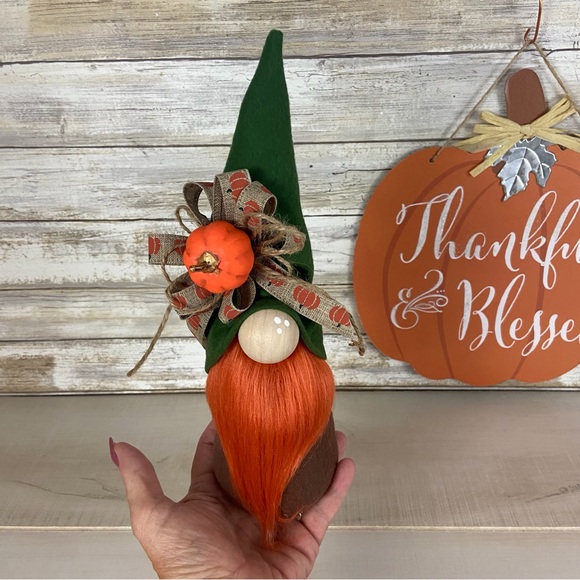 Gnome Fall Autumn Pumpkin Ribbon Green Brown Flannel Shelf Sitter Home Decor - Picture 6 of 10